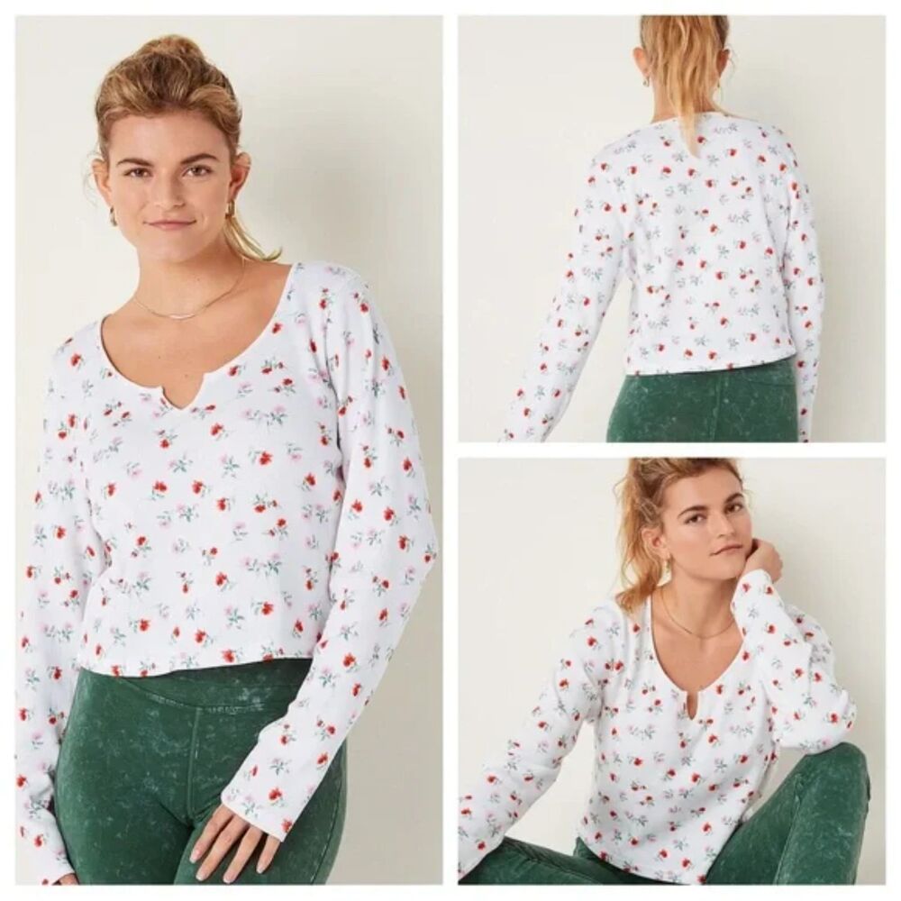 Pink Victorias Secret Thermal Notch Long Sleeve Tee Women's L Floral White NWT